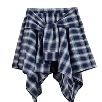 Summer Casual Retro Irregular Women Skirt Bow-knot Elastic Waist Shirt Style Blue White Lattice Mini A-line Shortskirt Female