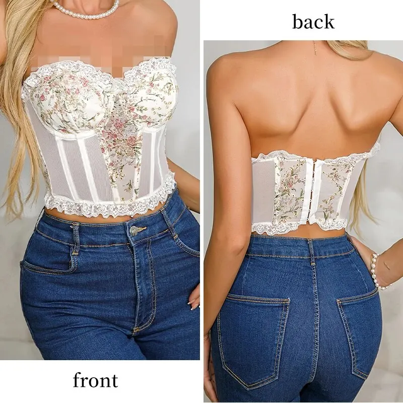Women Lingerie Bra Lace Mesh Fish Bone Chest Flower Embroidered Strapless Top
