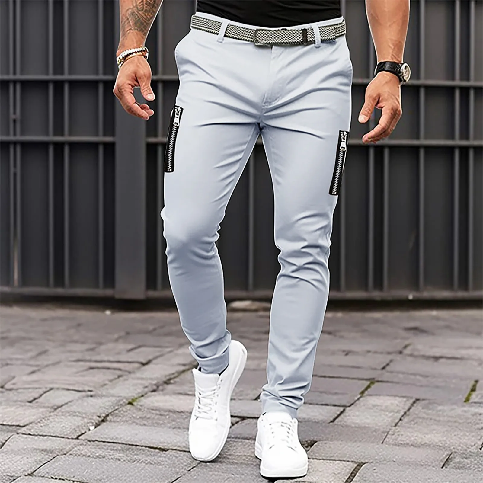 

Men Straight Pants Retro Zipper Pockets Hip Hop Pocket Pants Jogging Slim Fit Striped Running Overall Cargo Trousers Sweatpants