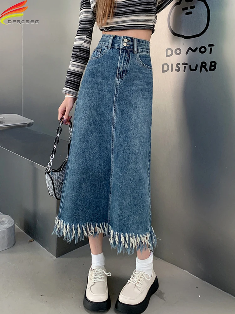 

DFRCAEG 2023 Spring Summer Long Denim Skirt Women Double Pockets Tassel Vintage Back Slit High Waist Blue Jean Skirts Hot Sale