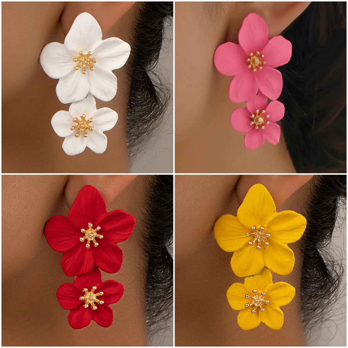 Dangle Earrings Double Layer Flower Dangle Earrings for Women Trendy Spray Paint Sweet Blooming Petal Drop Earrings White Blue Pink Red Jewelry