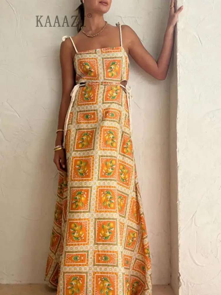

KAAAZI Fashion Women Split Straps Slip Maxi Dress Printed Backless Sleeveless A-line Drawstring Elegant Long Dress Party Vestido