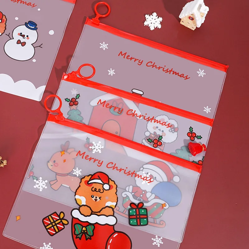 

Zipper Transparent File Holder Christmas Snowman Document Bag Creative Santa Claus Pencil Bag For Kids Gifts School Stationery