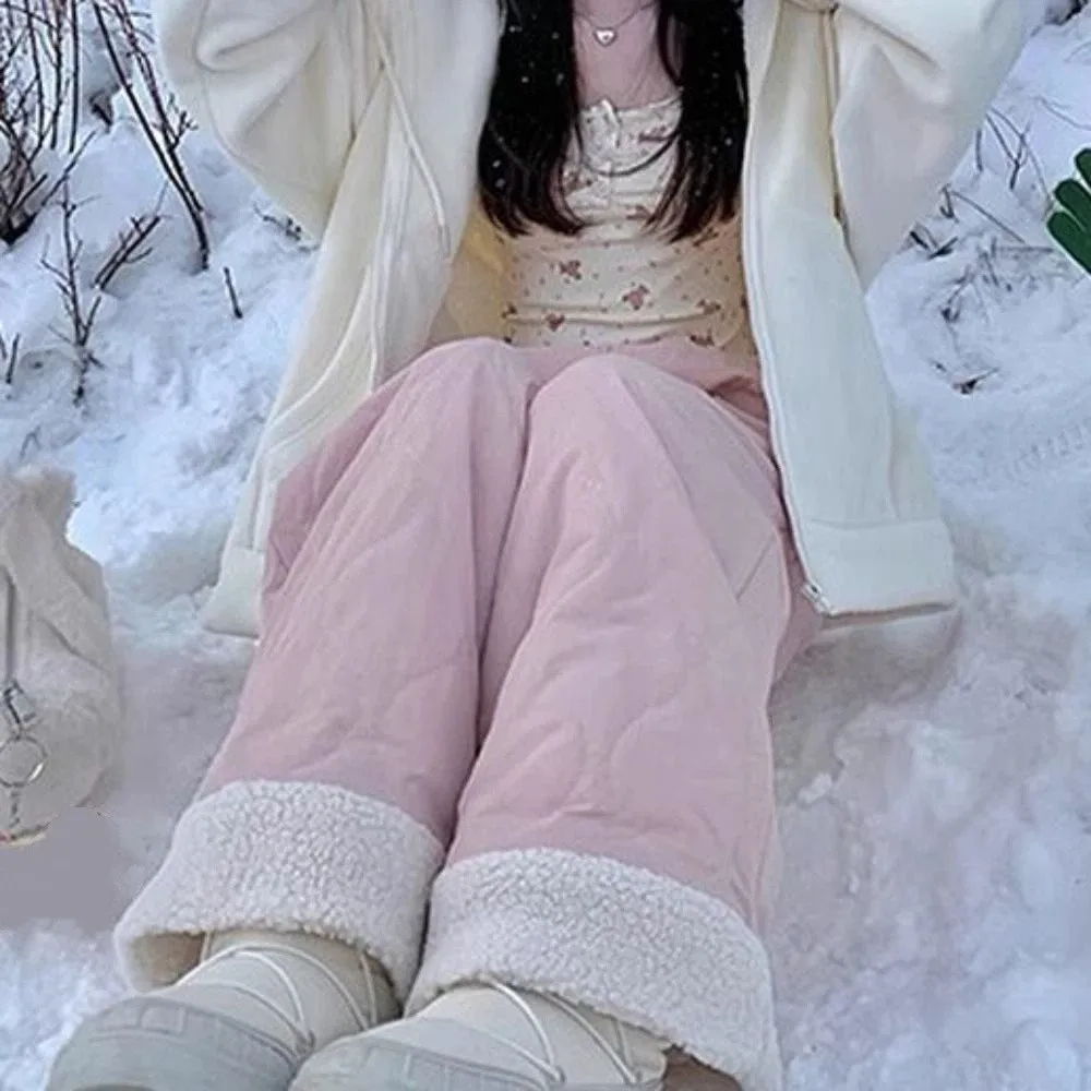 Vintage Wide Leg Thick Flannel Pants Causal Simple Baggy Straight Trousers Winter Warm Windbreak Cotton Pants Women