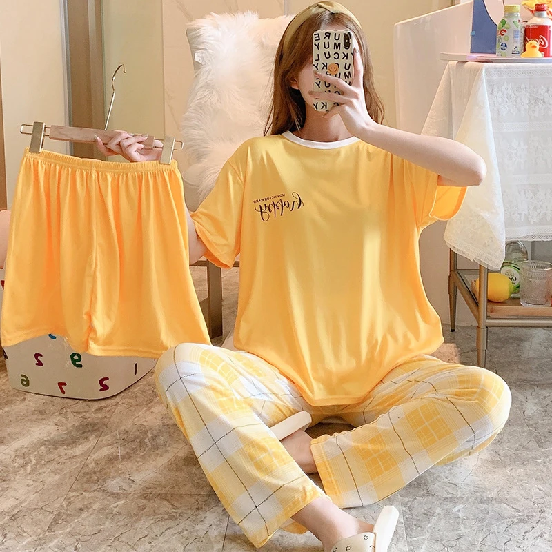 Women Three-piece Set Senior sense Pajamas Print Sleepwear Set Young Girls Round Neck Short Sleeved Top Loungewear Homewear