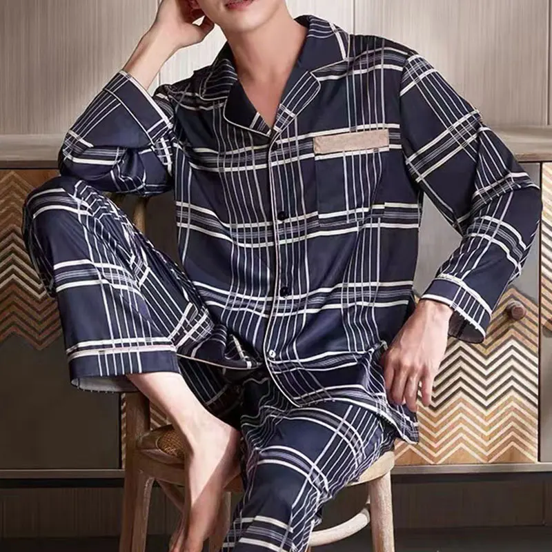 Pyjama en Coton à Revers pour Homme, Pantalon à Manches sulf