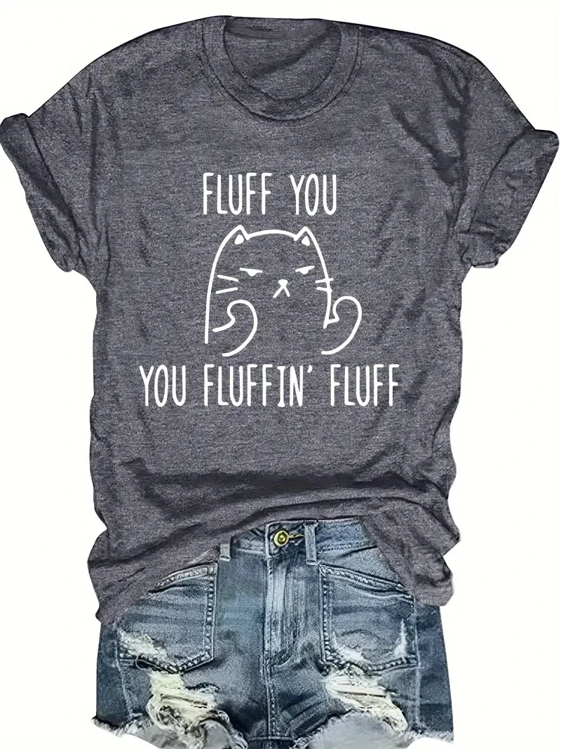 Plus Size T-Shirt - Women's Casual Tee With Cat Print | Crew Neck, Short Sleeve