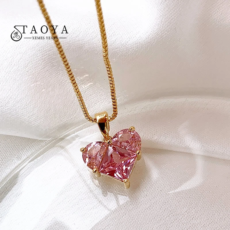 Premium Pink Heart-shaped Zircon Pendant Gold Color Necklace 2025