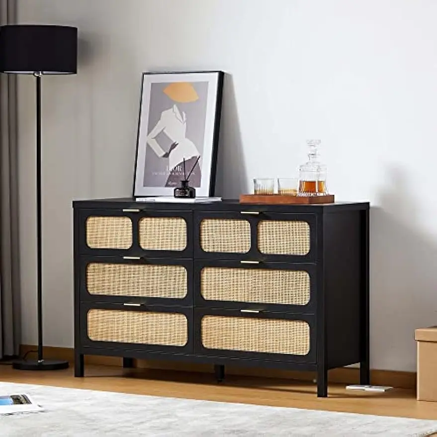 

Modern Rattan Dresser Chest with Wide Drawers and Metal Handles, Farmhouse Storage Drawers for Bedroom, Living Room, Hallway