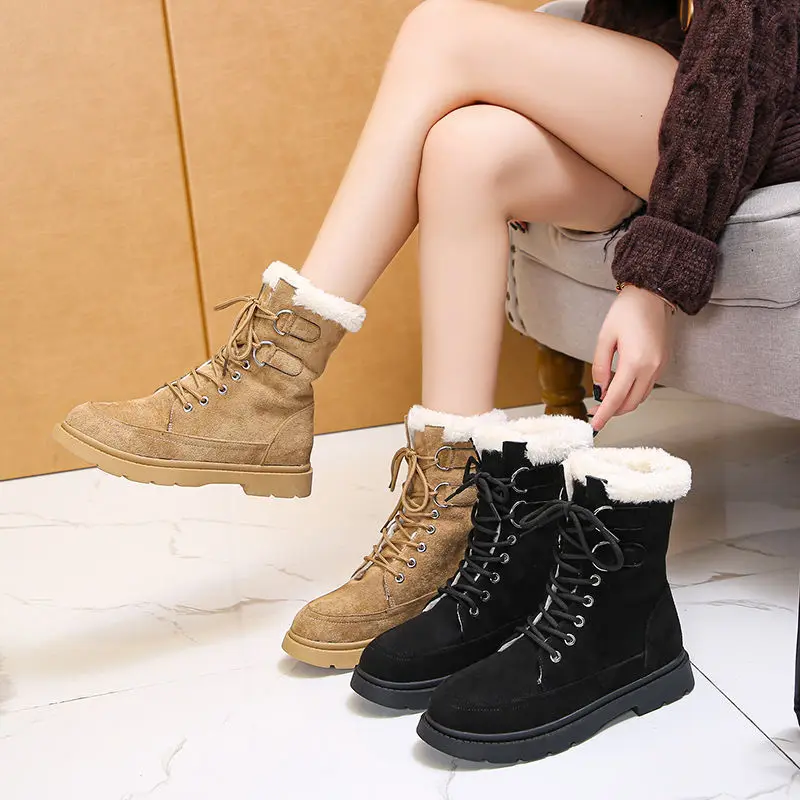 

Женские зимние ботинки Botas, теплые плюшевые зимние ботинки, замшевые повседневные женские ботинки на шнуровке, женские кроссовки на плоской подошве, уличные Нескользящие ботильоны