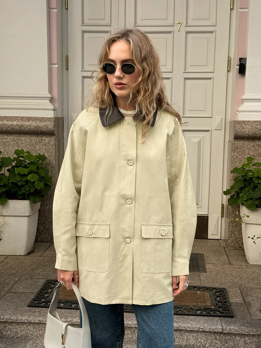 Fashion Pocket Trench Outwear For Women Patchwork Autumn Cardigan Vintage Lapel Loose High Waist Coat Women's Overcoat New