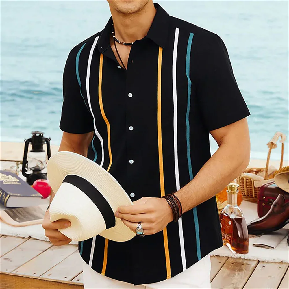 Summer Fashion Men's Striped Shirts Button Short Sleeve Lapel Streetwear Hawaiian Basic Blouse Classic Shirts for Men Polyster