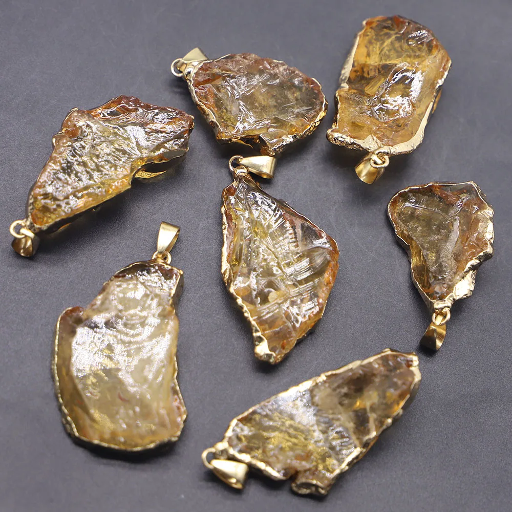 Natural Stone Gold Plated Bezel Crystal Pendants Dyed Yellow Rough Irregular Necklace Charms DIY Jewelry Making Accessories 8Pcs