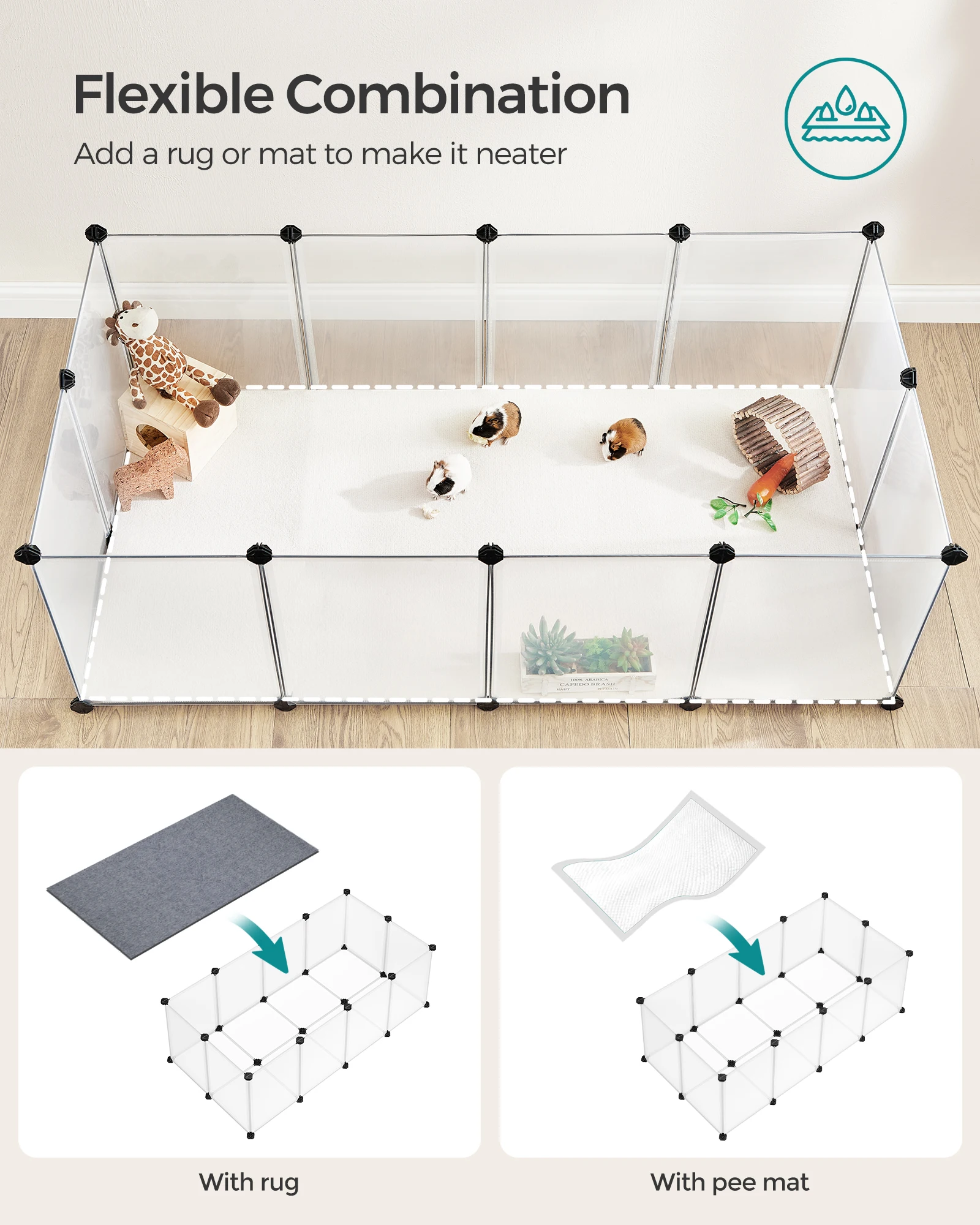 SONGMICS Pet Playpen with Floor, Small Animal Pen, Pet Fence Indoor, DIY Plastic Enclosure for Hamsters, Rabbits, Hedgehogs