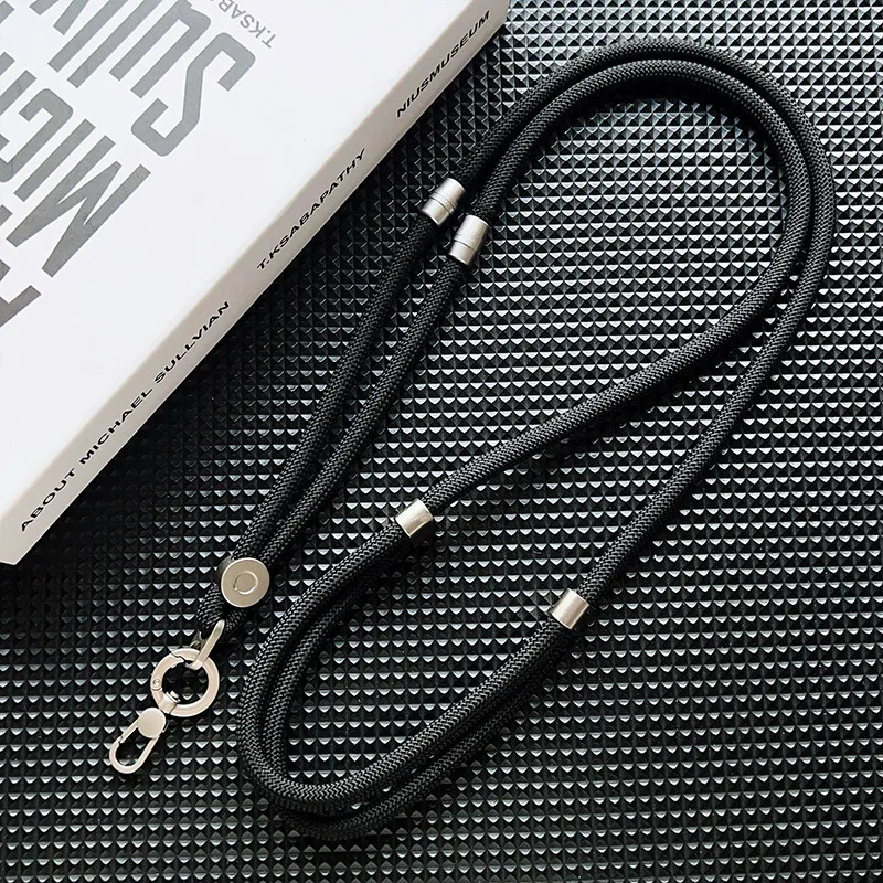 Elegant Silver Adjustable Crossbody Lanyard with Double Buckle and Wrist Strap