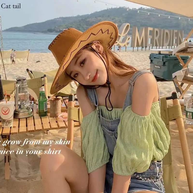 

Women's 2024 New Summer Fashion Western Cowboy Hat Protective Beach Spicy Girl Sun Hat Outdoor Travel Travel Sunscreen Beach Hat