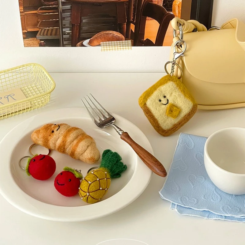 Handmade Cute Bread Wool Felt Keychain Toast Croissant Doll