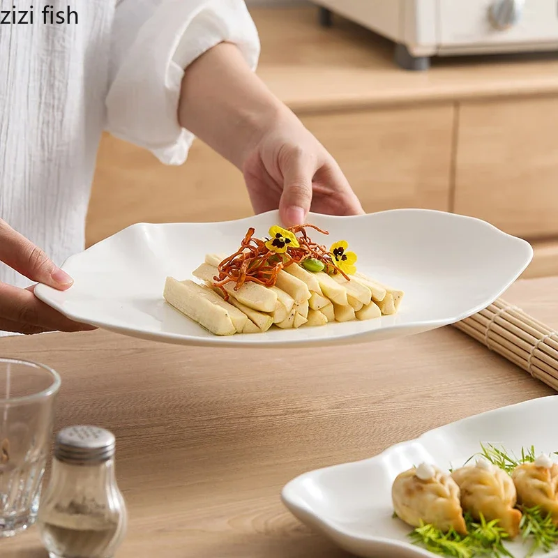 Irregular Pure White Ceramic Dinner Plate Restaurant Salad Plate Pasta Dessert Plates Dumplings Plates Creative Tableware