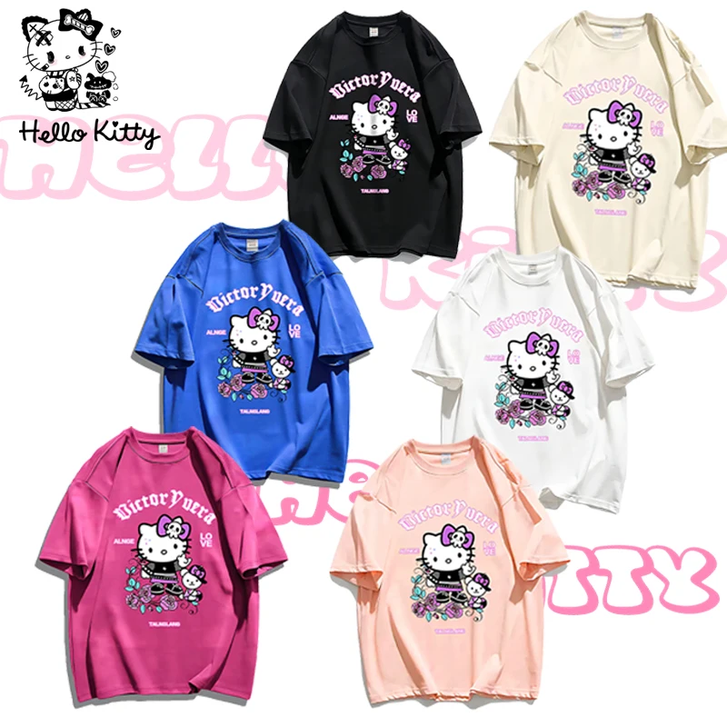 

Hellokitty Summer T-Shirt Cotton Comfortable Men's and Women's Cartoon Printed Top Goth Female Loose Plus Size Half Sleeve Tee