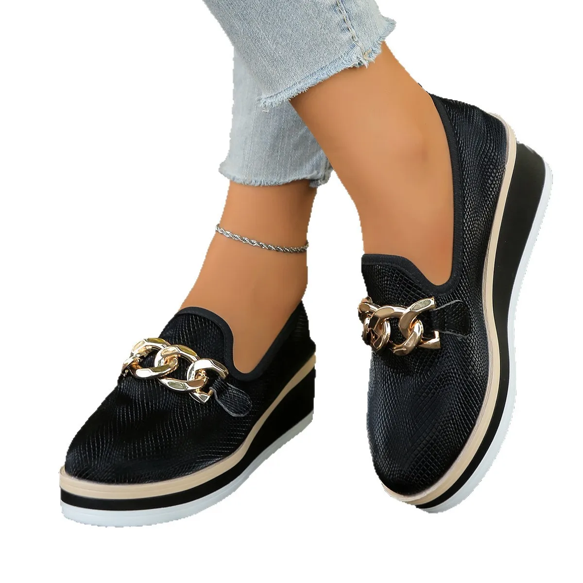 Metal Chain Slope Single Shoes for Women 2025 Autumn New Large-sized Thick-soled Cake Women's Shoe Loafers, Fashionable Loafers