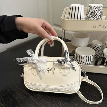 Zipper PU Leather Boston Handbag Lace Ribbon Bow Crossbody Bowling Bag Korean Style Waterproof Small Square Bag Travel 1