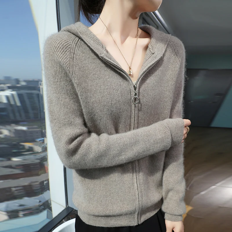 Zipper stripe 100% Merino wool Fall/winter Cashmere sweater Women's o neck cardigan warm bottom knit shirt top 2