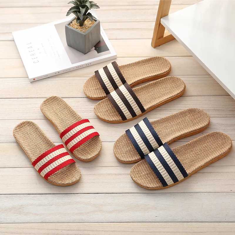 

Men Linen Slippers Striped Sandals Breathable Flat Shoes Fashion Household Slippers Flip-Flops Shoes Summer Beach Sandals Slide