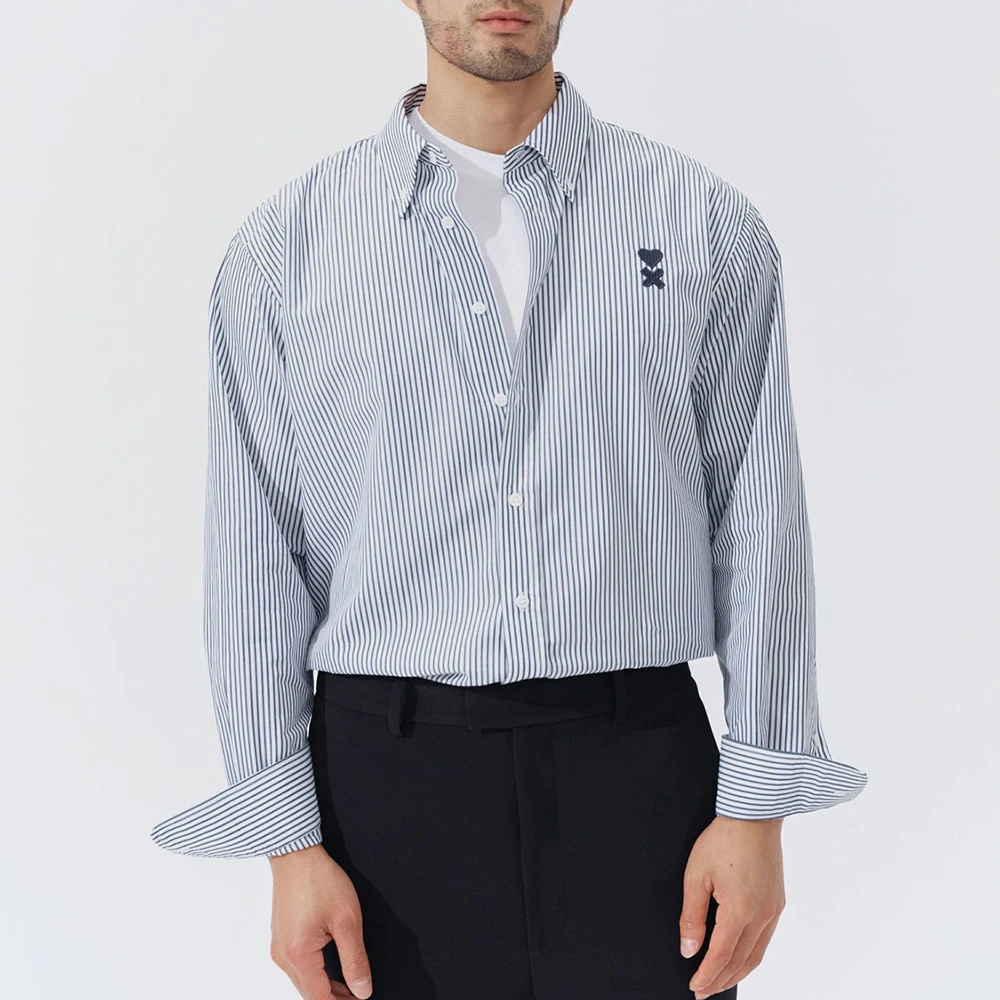 2024 Men's Shirt Vertical Striped Cotton Heart Embroidered Button Shirt Mens Tops 100% Cotton Long Sleeve T-Shirt Thin Size M-XL