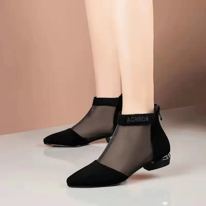 Mesh Boots Women's 2024 Spring and Summer New Low-heeled Thick-heeled Sandals High-heeled Hollow Shoes 35-40 Large Size Zipper