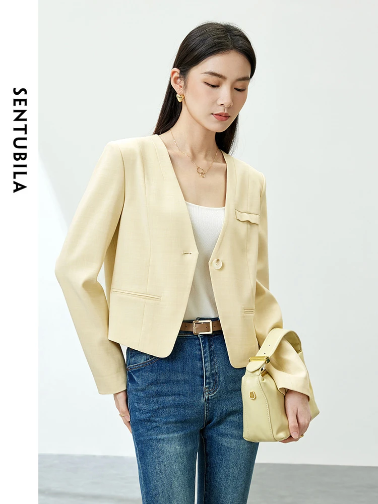 SENTUBILA Casual V-neck Cropped Blazer Coat Woman 2024 Spring Comfort Straight Elegant Suit Jacket Women's Outerwear 141X53363