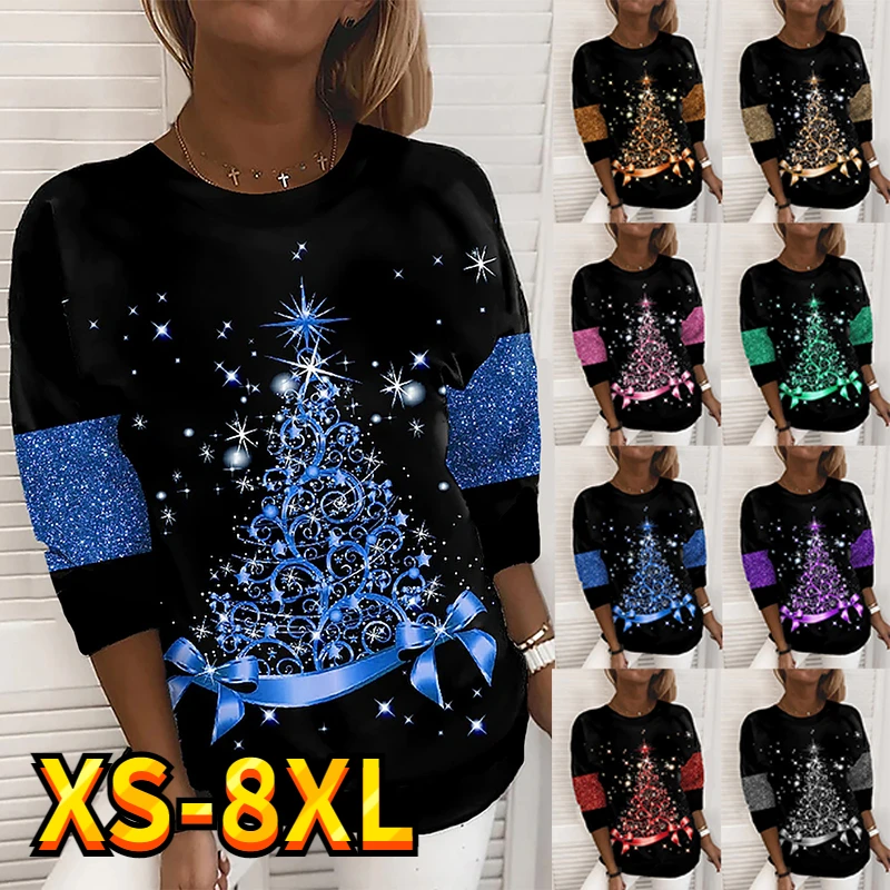 con estampado de copo de nieve para mujer, camisa con estampado de de nieve, árbol de Navidad, pintura de fin de semana, manga larga, cuello redondo, básica, XS 8XL| | -
