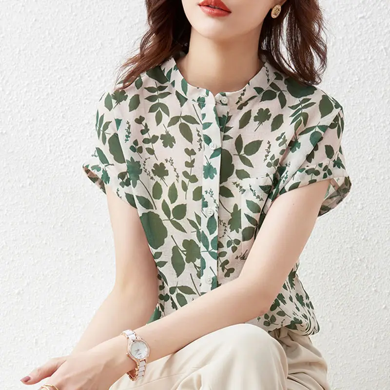 Fashion Lapel Button Pockets Printed Floral Shirts Women's Clothing 2024 Summer New Loose Casual Tops Office Lady Blouses