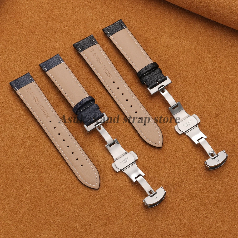 Premium Calfskin Litchi Leather Watch Strap with Butterfly Buckle