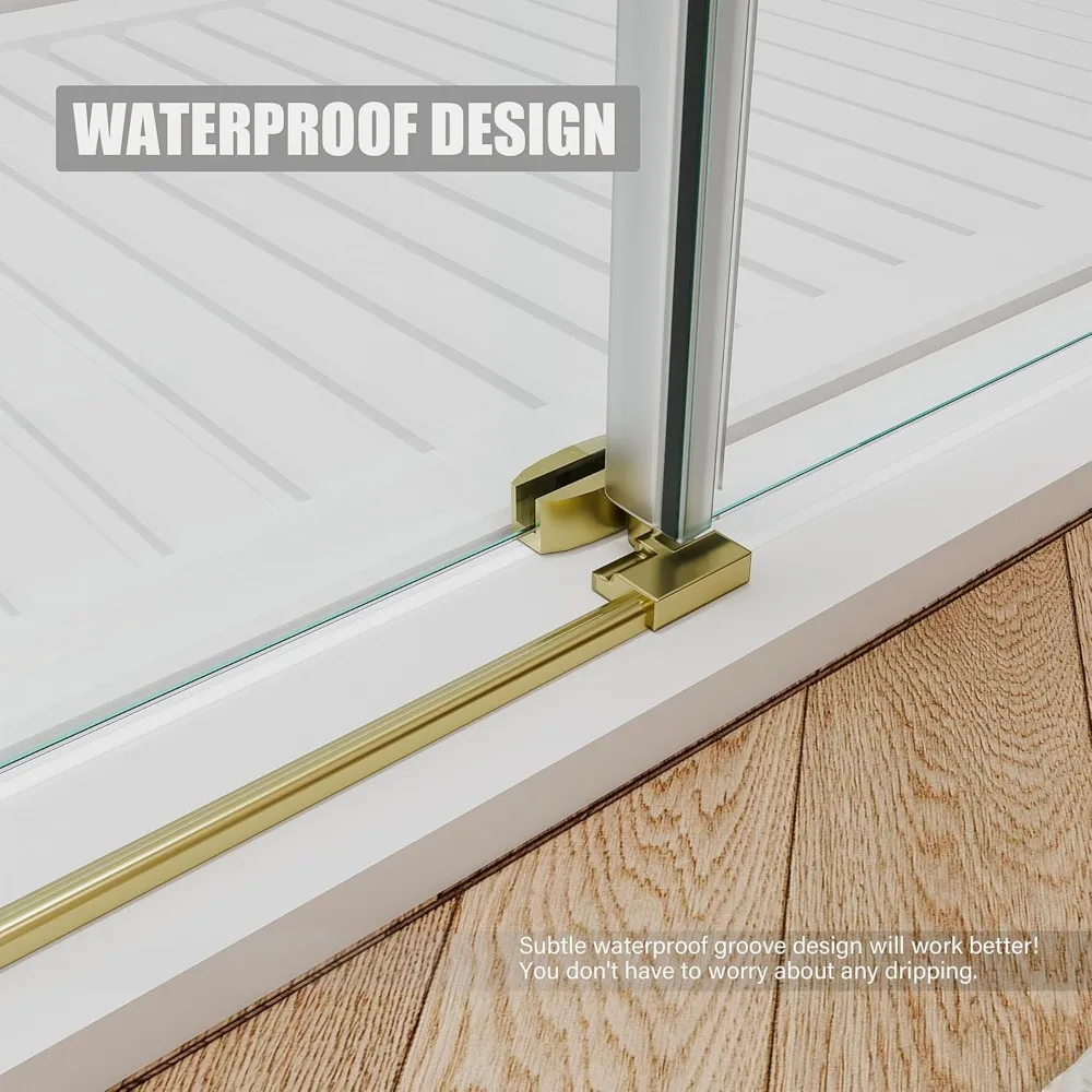 56-60 inch W x 76 inch H glass shower door, frameless shower door with handle and waterproof sealing strip, gold color 2