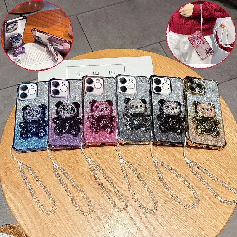 Shockproof Phone Case with Cute Bear Stand and Crystal Chain Lanyard - Glitter Design