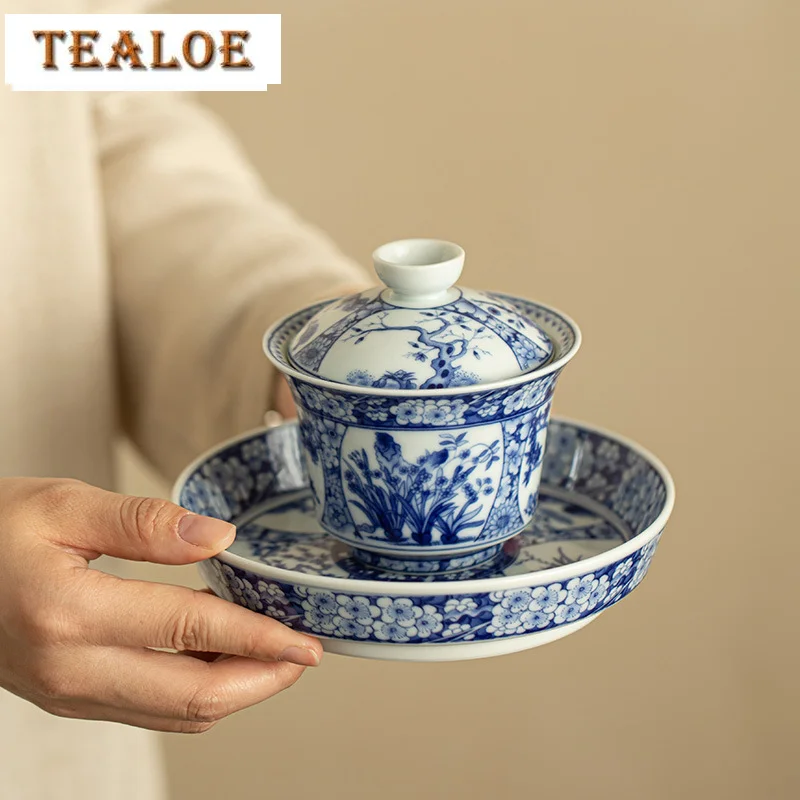 170ml Jingdezhen Antique Blue And White Gaiwan Aesthetic Twelve Gods Of Flowers Tea Tureen Tea Making Cover Bowl Cafes Craft