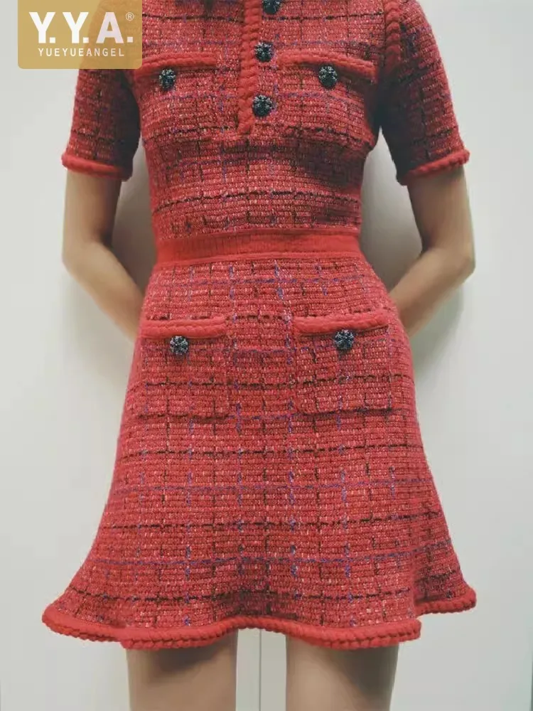 

Vintage Women Red Plaid Tweed Dress O Neck Short Sleeve Slim Fit A Line Autumn Party Mini Dress French Style Pockets Twill Dress