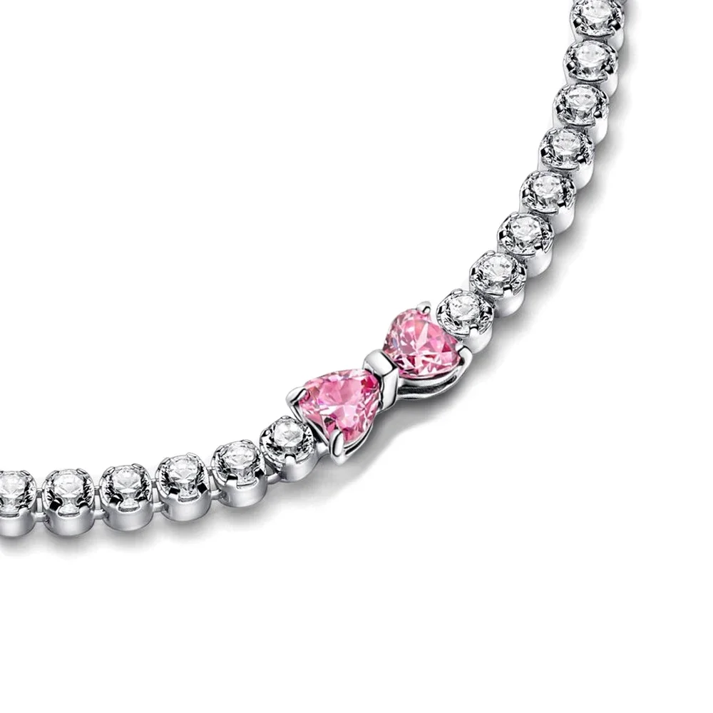 2025 Valentine New 925 Silver Pink Bow Full Diamond Bracelet Original 17-20CM Fit DIY Charm Women Birthday Jewelry Gifts 4