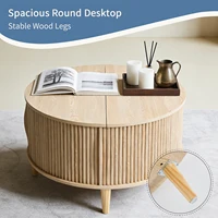 JHK 31IN Round Coffee Table with Flip-Top Storage Fluted Center Table 2-Tier Wood Desktop with Sliding Cabinet Door Living Room 6