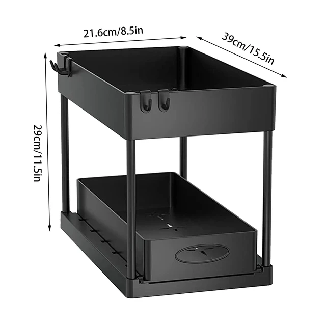 2 Tier Under Sink Organizer Sliding Cabinet Basket Organizer Storage Rack with Hooks Hanging Cup Bathroom Kitchen Organizer 6