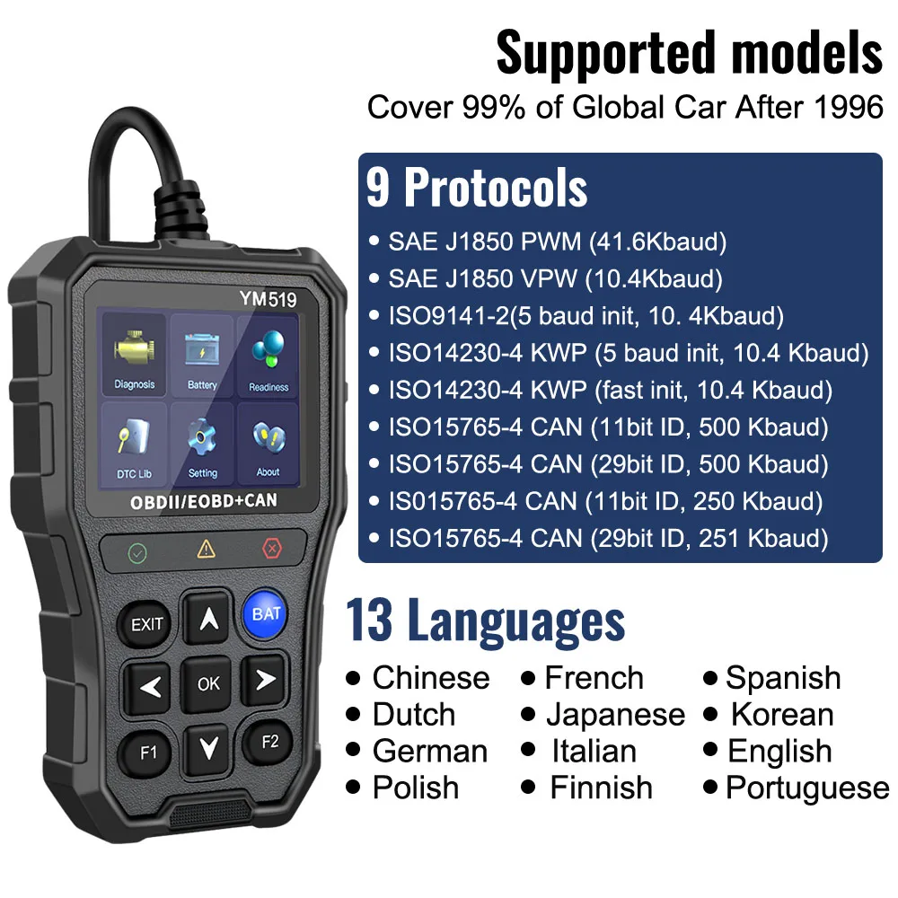 Multi-language Battery Tester Car Diagnostic Tool Check Engine System YM519 Code Reader Fault Code Scanner OBD2 Code Reader 3