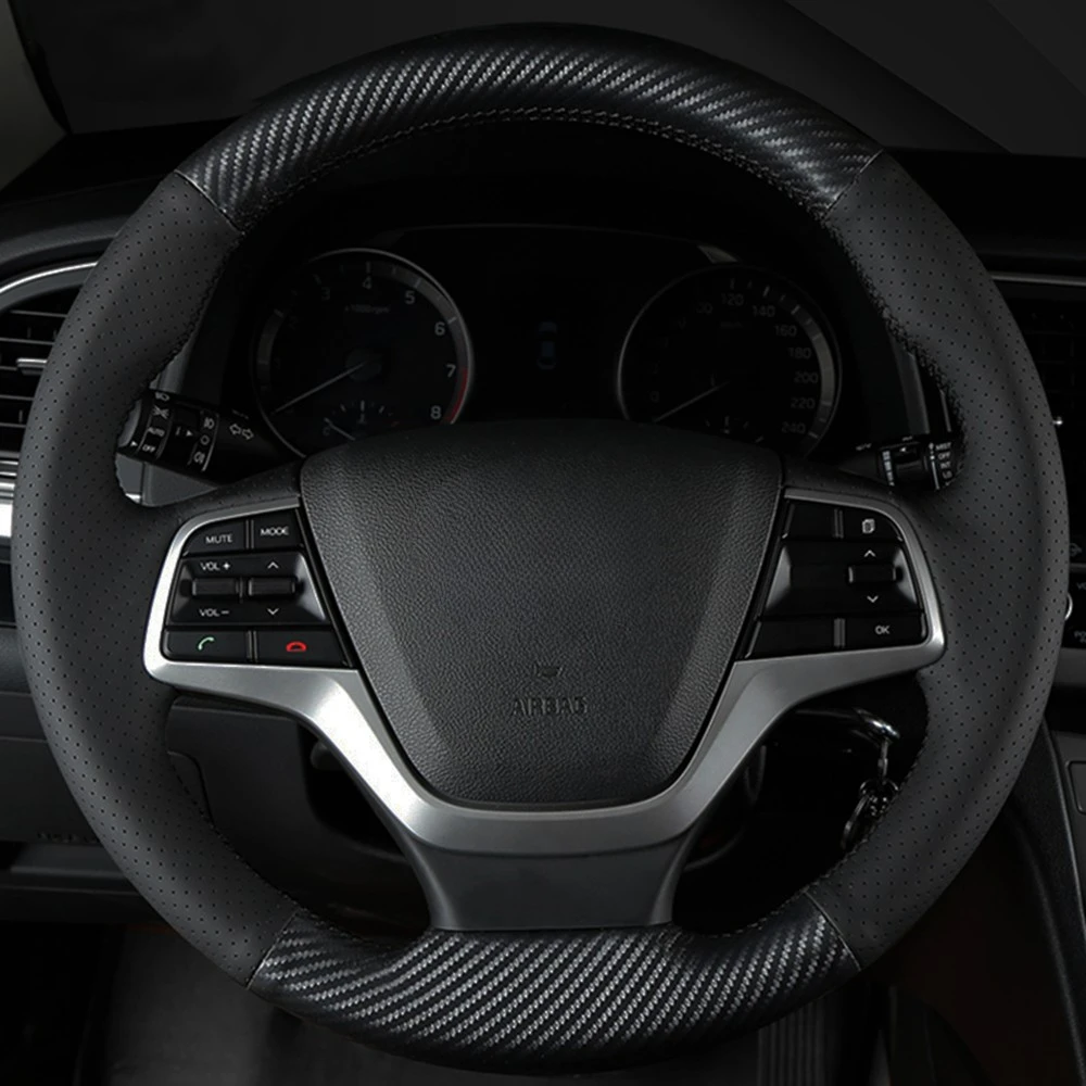 

Чехол рулевого колеса автомобиля сделай сам, углеродное волокно, черная кожа для Hyundai Elantra 4 2016 2017 2018 Solaris 2017 Accent 2018