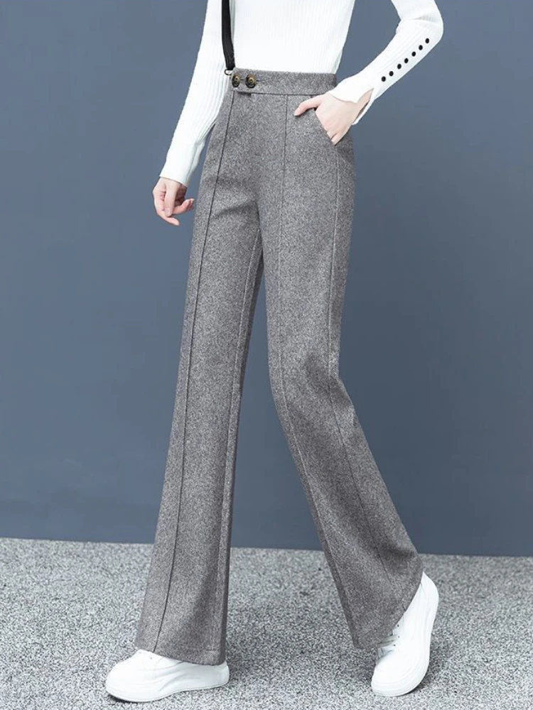 Herringbone Woolen Cloth Wide Leg Pants Women Autumn and Winter 2024 High Waist Pants Vintage Slim Elastic Waist Woman Trousers