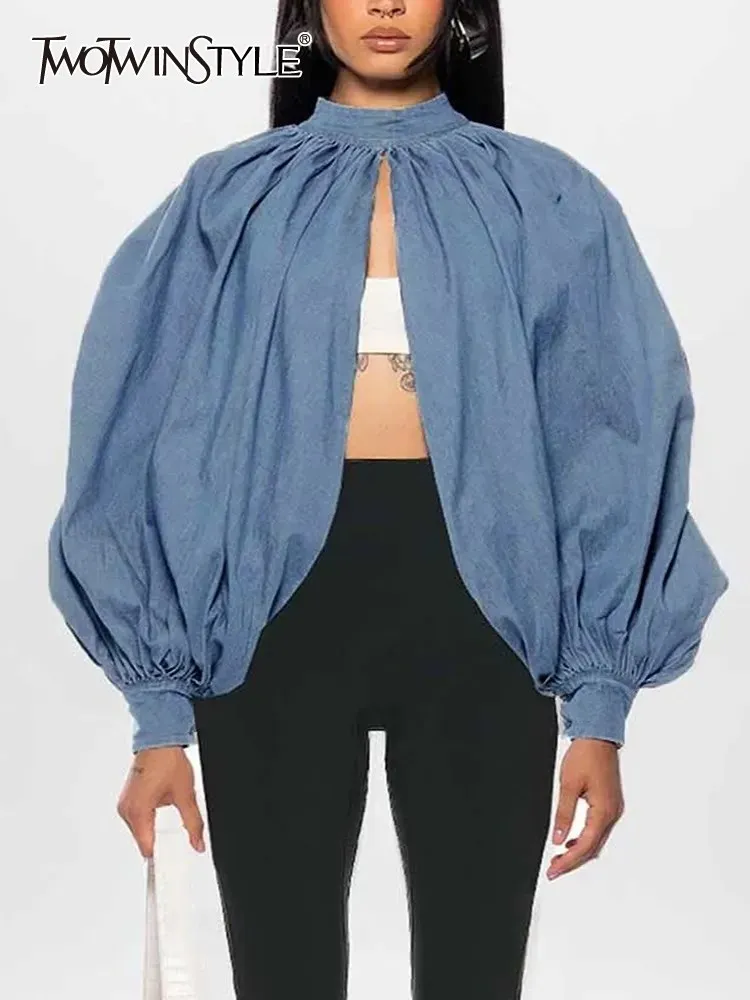 

TWOTWINSTYLE Solid Backless Sexy Blouse For Women Stand Collar Batwing Sleeve Patchwork Button Chic Shirts Female Fashion New