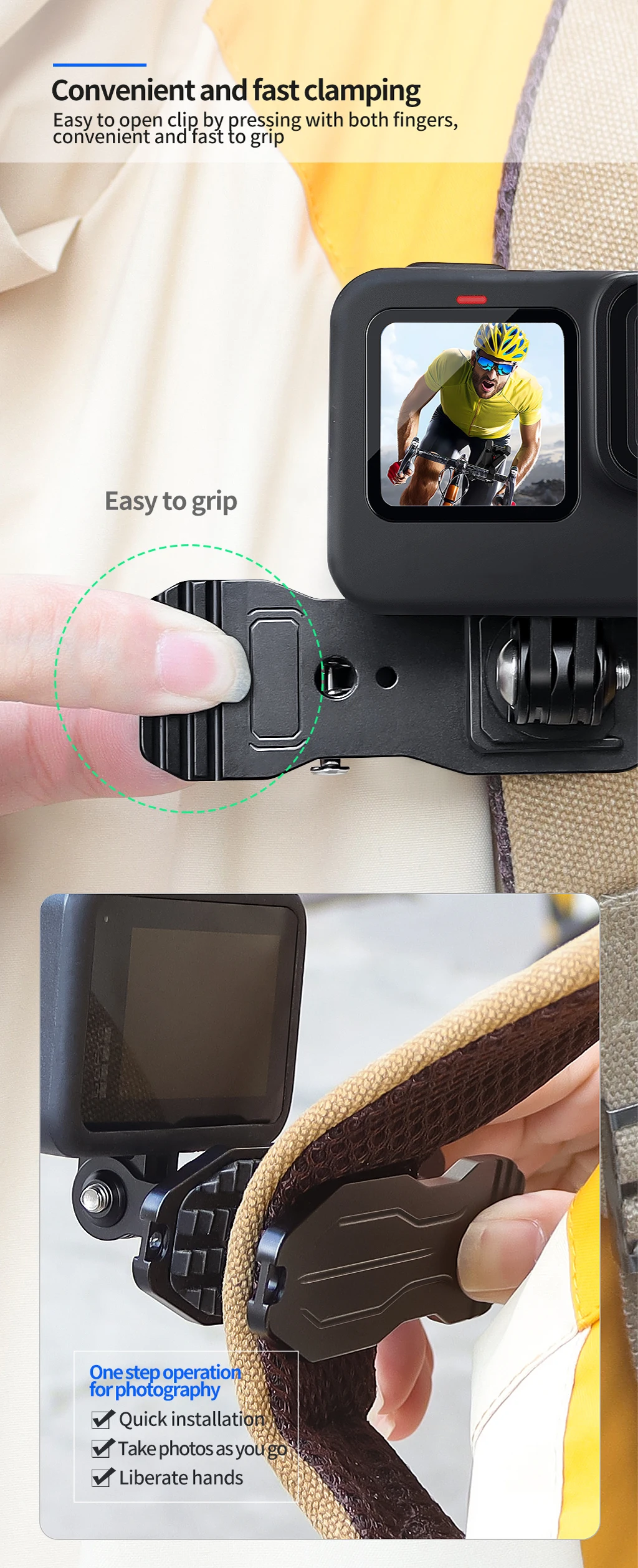 Schnellverschluss-Rucksack-Gurt-Clip-Halterung mit Kaltschuh, kompatibel mit Gopro DJI OSMO Insta360 Smartphones, Ständer-Clip-Klemme – Detail 4