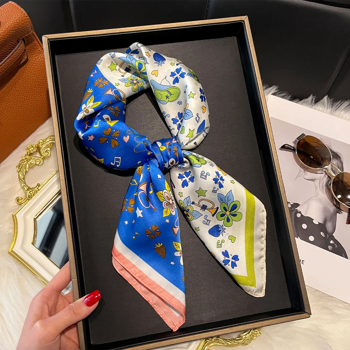 New Design Floral 70*70cm Silk Satin Hair Scarf Women Handkerchief Printed Female Square Head Bandana Small Neck Muffler Hijab