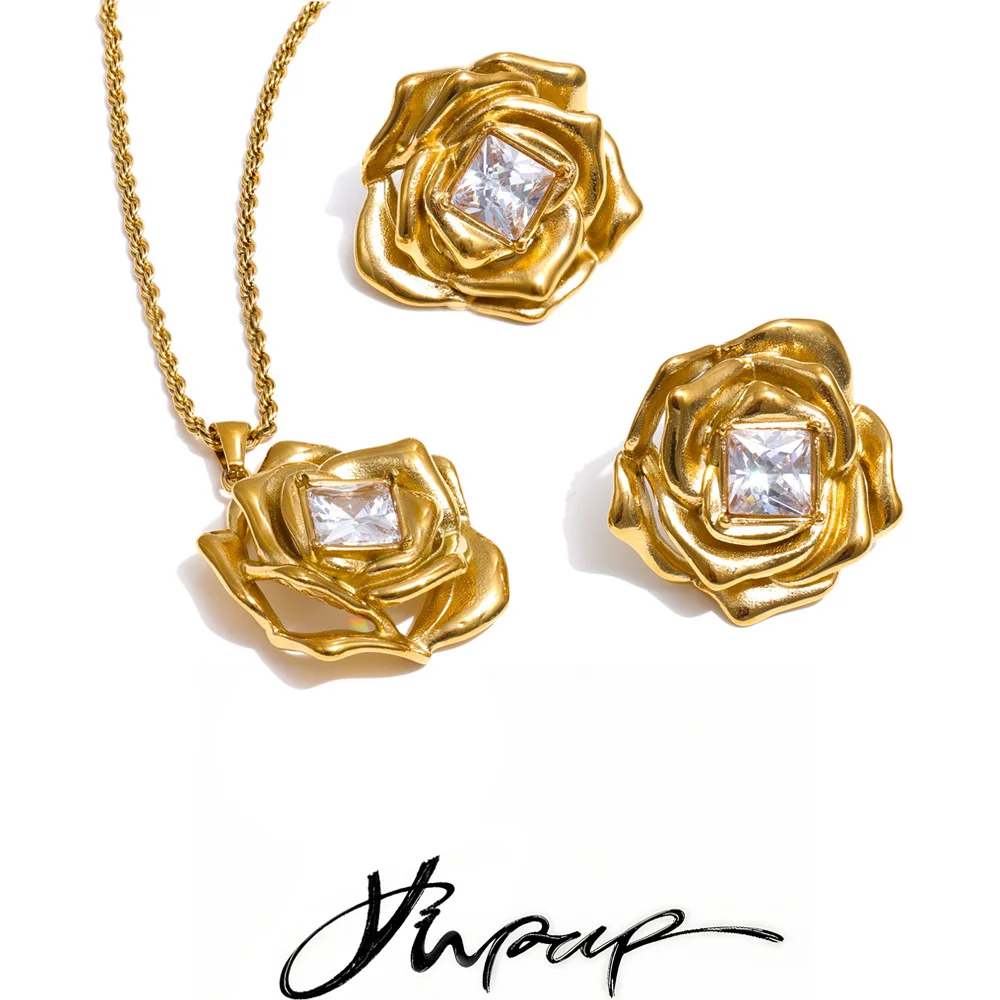 Yhpup Necklace Set, Stainless Steel, Zirconia Flower 18K Golden Plated