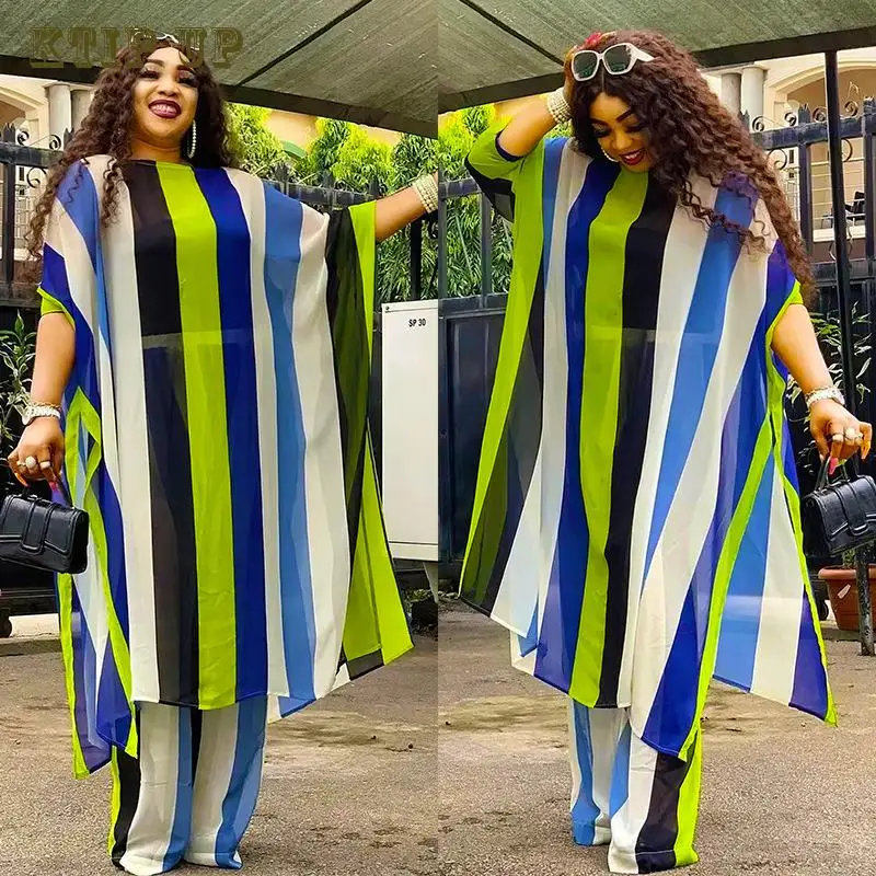 

Two Piece Set Loose Chiffon African Dresses Women Bat Sleeve Printing Robe+loose Trousers Suit Muslim Fashion Islamic Clothing