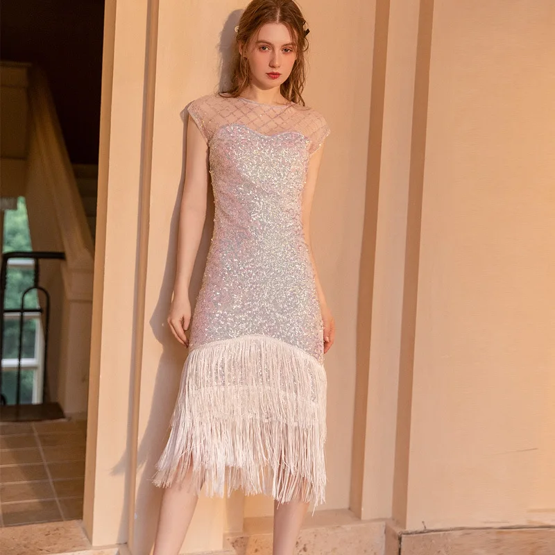 

2023 New Sexy Sequin Beaded Dress Host Tassel Cocktail Great Gatsby Banquet Evening Dress Nightclub Party