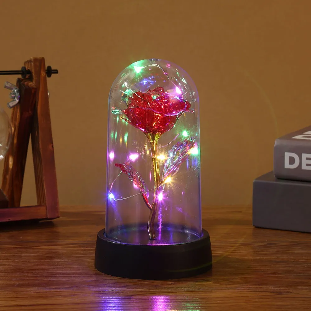 Colorata Galaxy Rose In Vetro Con LED – Rosa Artificiale Dorata Per Regalo Romantico (Nero) - 5